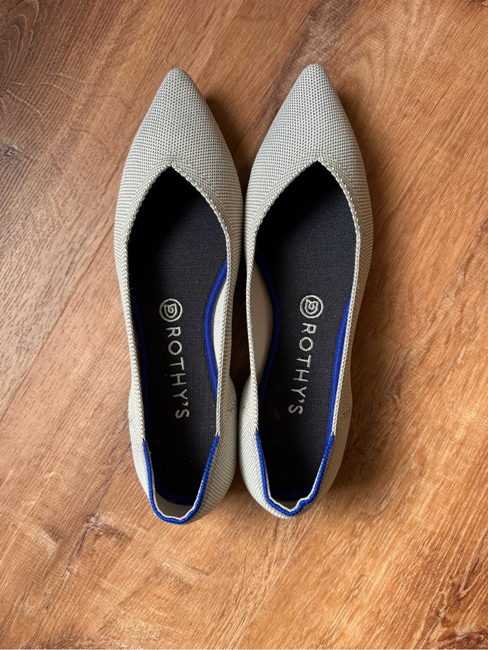 Rothy's Pointed Toe Flats in Light Gray with Blue Trim